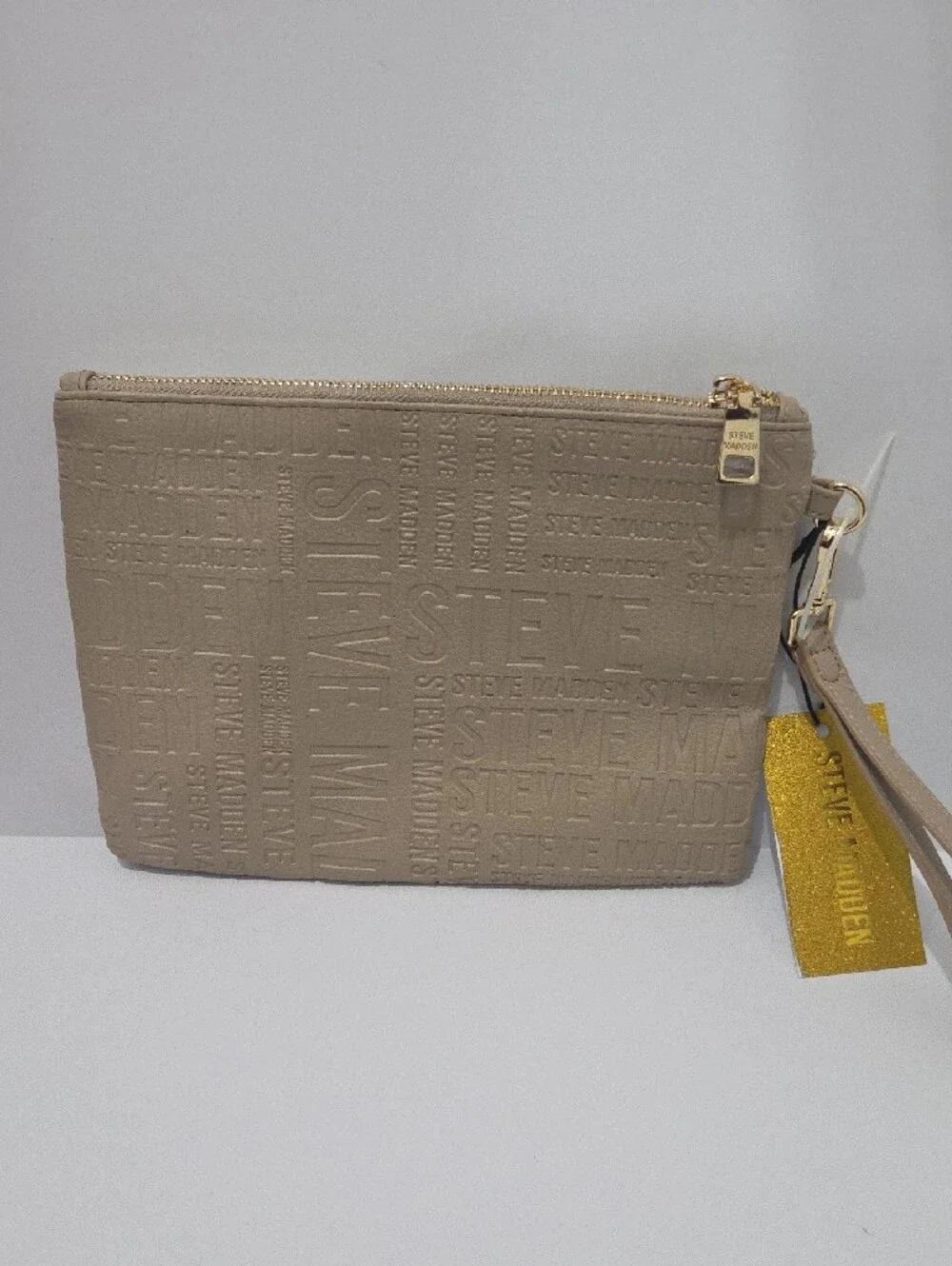Steve Madden Taupe Embossed Logo Wristlet Clutch
